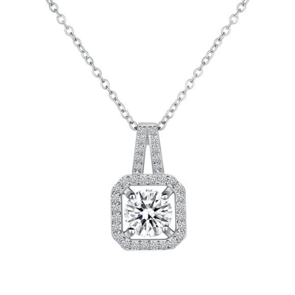 New Silver 925 Round 1 Carat Moissanite Square 16" chain Necklace